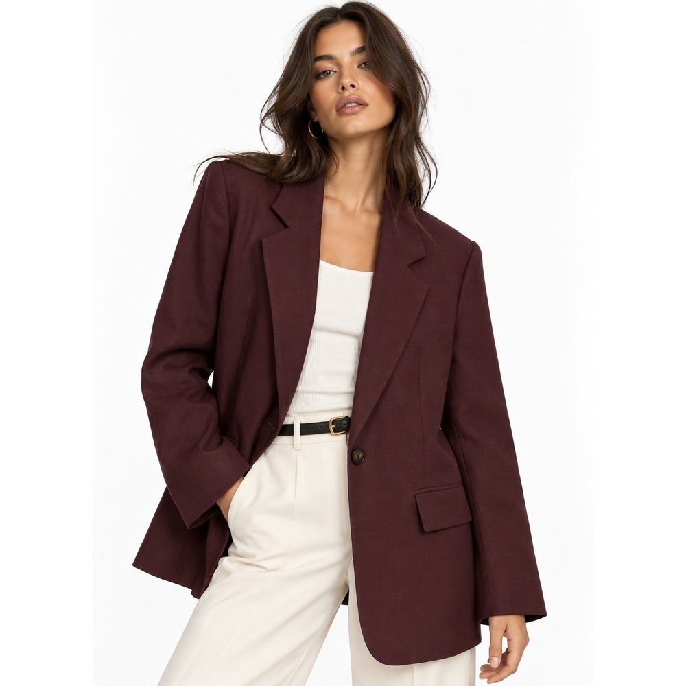 HM Womens XXS Oversized Linen Blend Blazer Burgundy Single Button Jacket NWT